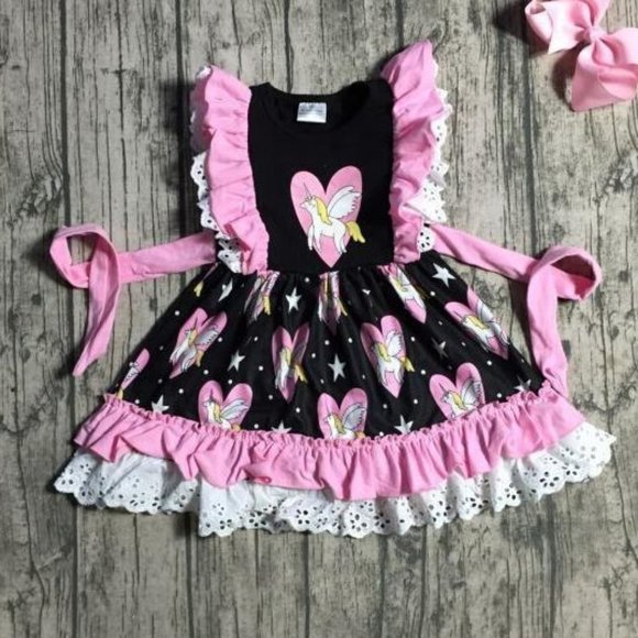 Valentine's Day Unicorn Pegasus Heart Black Ruffle Dress - Picture 1 of 1
